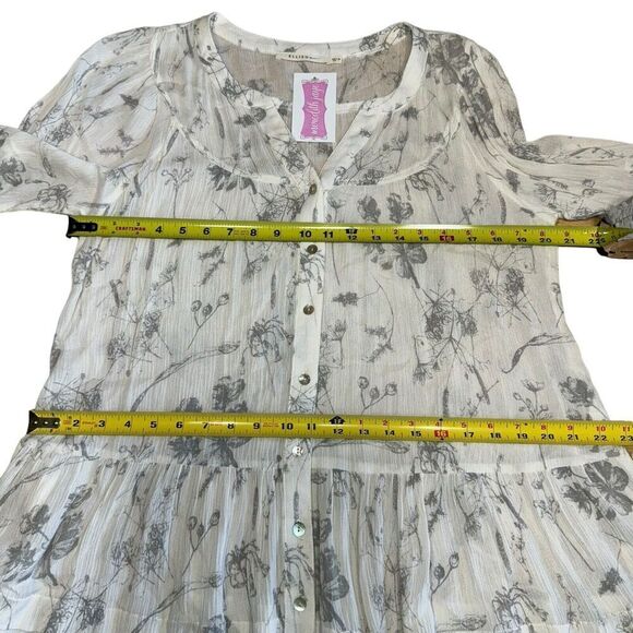 Ellison Dress Gray White Garden Print M Tunic Feminine Romantic Sheer Flouncy - Picture 12 of 14